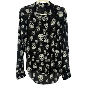 Fun & Flirt Sheer Black Bold Skull Pattern Long Sleeve Medium Button-up Blouse